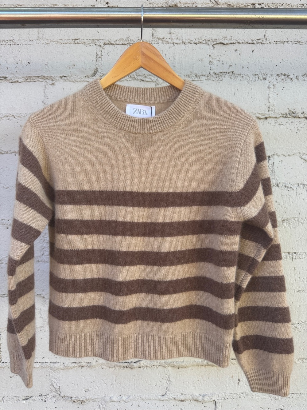 Zara Kids 100% Cashmere Crewneck Sweater Brown Tan Stripe Size 9 - 10 Years